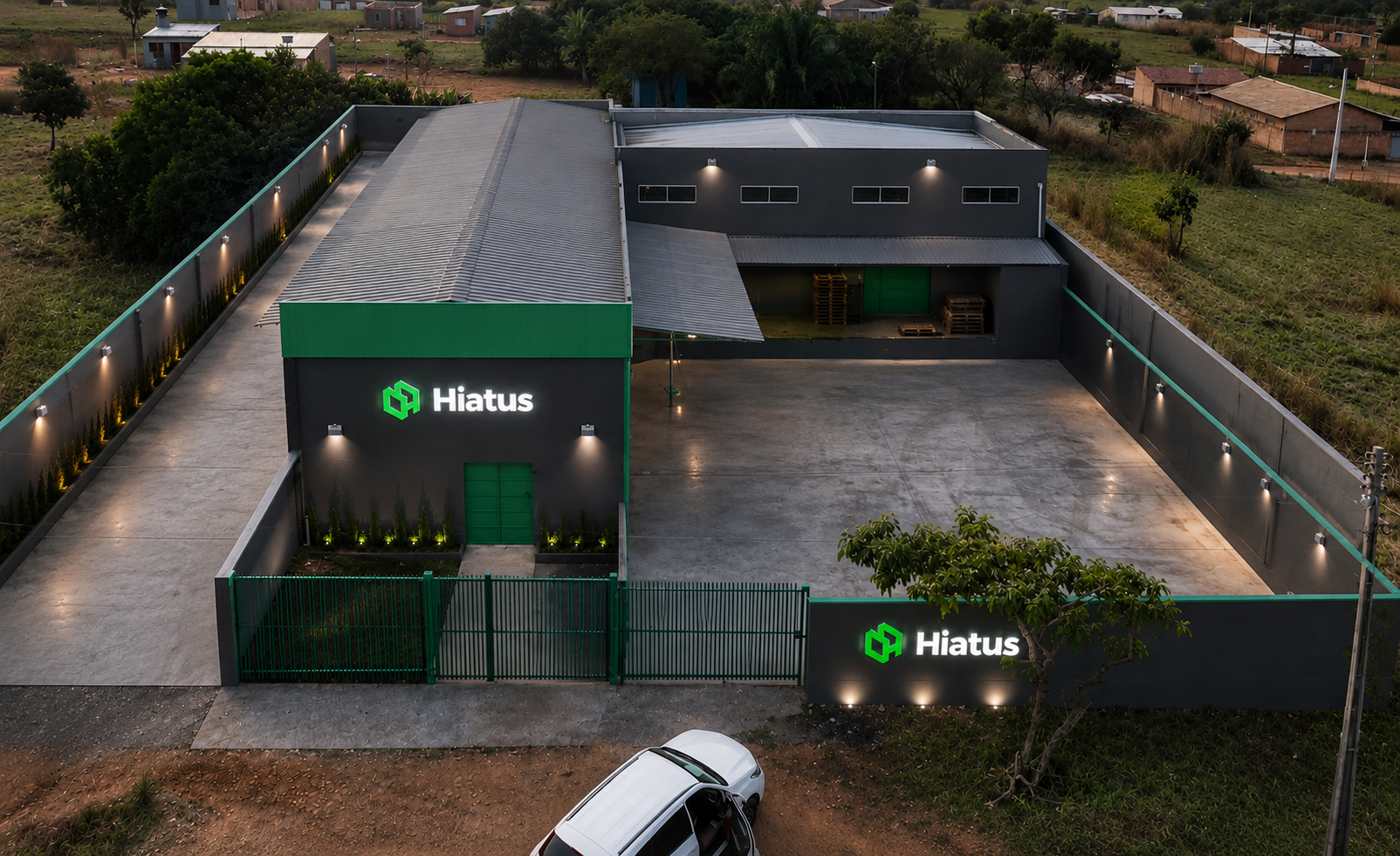 Fábrica Hiatus Sistemas Construtivos vista de cima ao entardecer